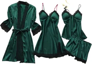 Mmoneyake Women's Satin Pajama Set 4Pcs Lace Trim Cami Tops Shorts Sleepwear Nightdress with Robe Loungewear Nightgown Pjs