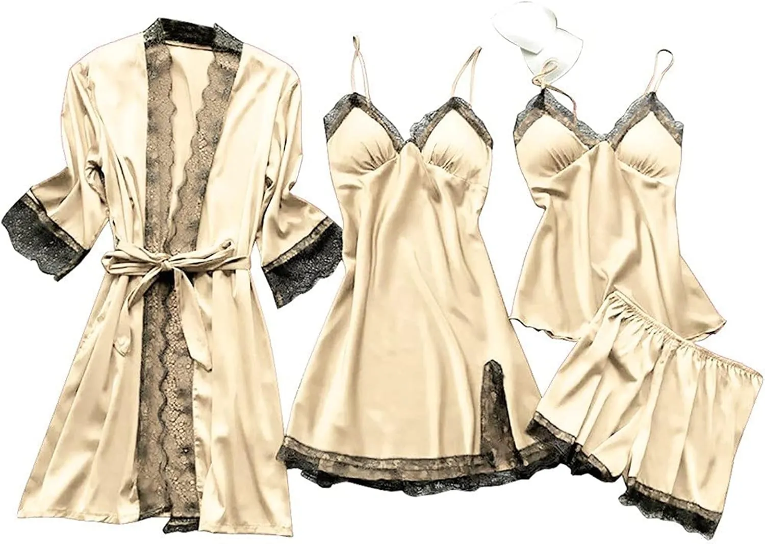 Mmoneyake Women's Satin Pajama Set 4Pcs Lace Trim Cami Tops Shorts Sleepwear Nightdress with Robe Loungewear Nightgown Pjs