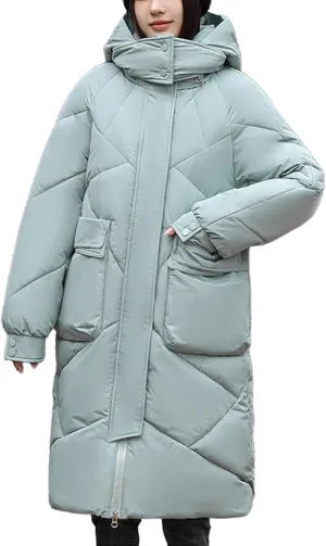 Mmoneyake Women's Winter Long Puffer Coats Hooded Zip Up Casual Thickened Down Jackets Baggy Warm Winter Coat Parka Outerwear