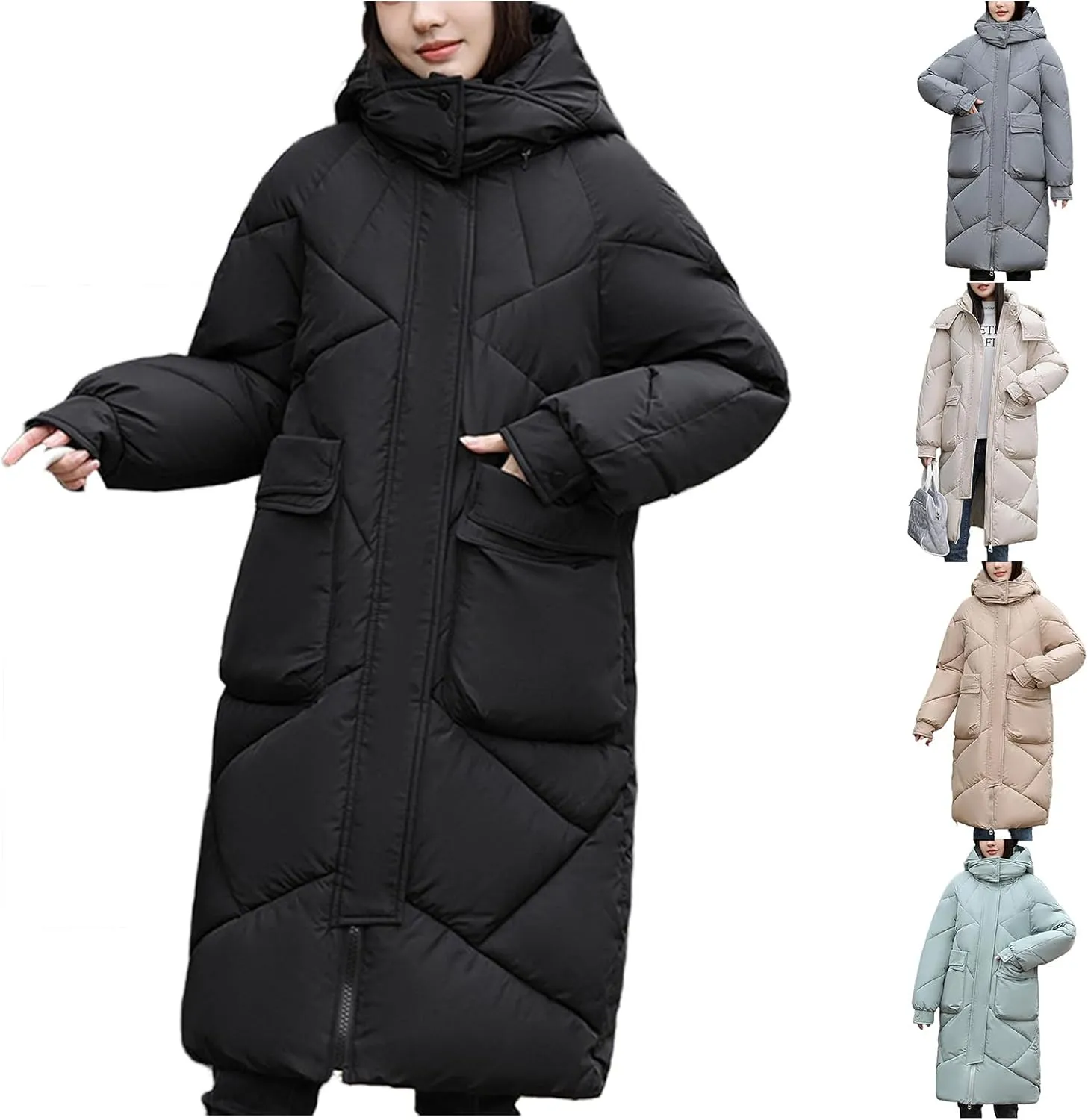 Mmoneyake Women's Winter Long Puffer Coats Hooded Zip Up Casual Thickened Down Jackets Baggy Warm Winter Coat Parka Outerwear