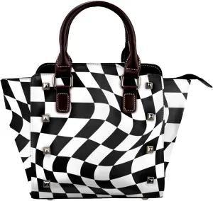Modern Black Checkered Lattice Women Leather Handbag Rivet Shoulder Bag Top Handle Satchel Purse