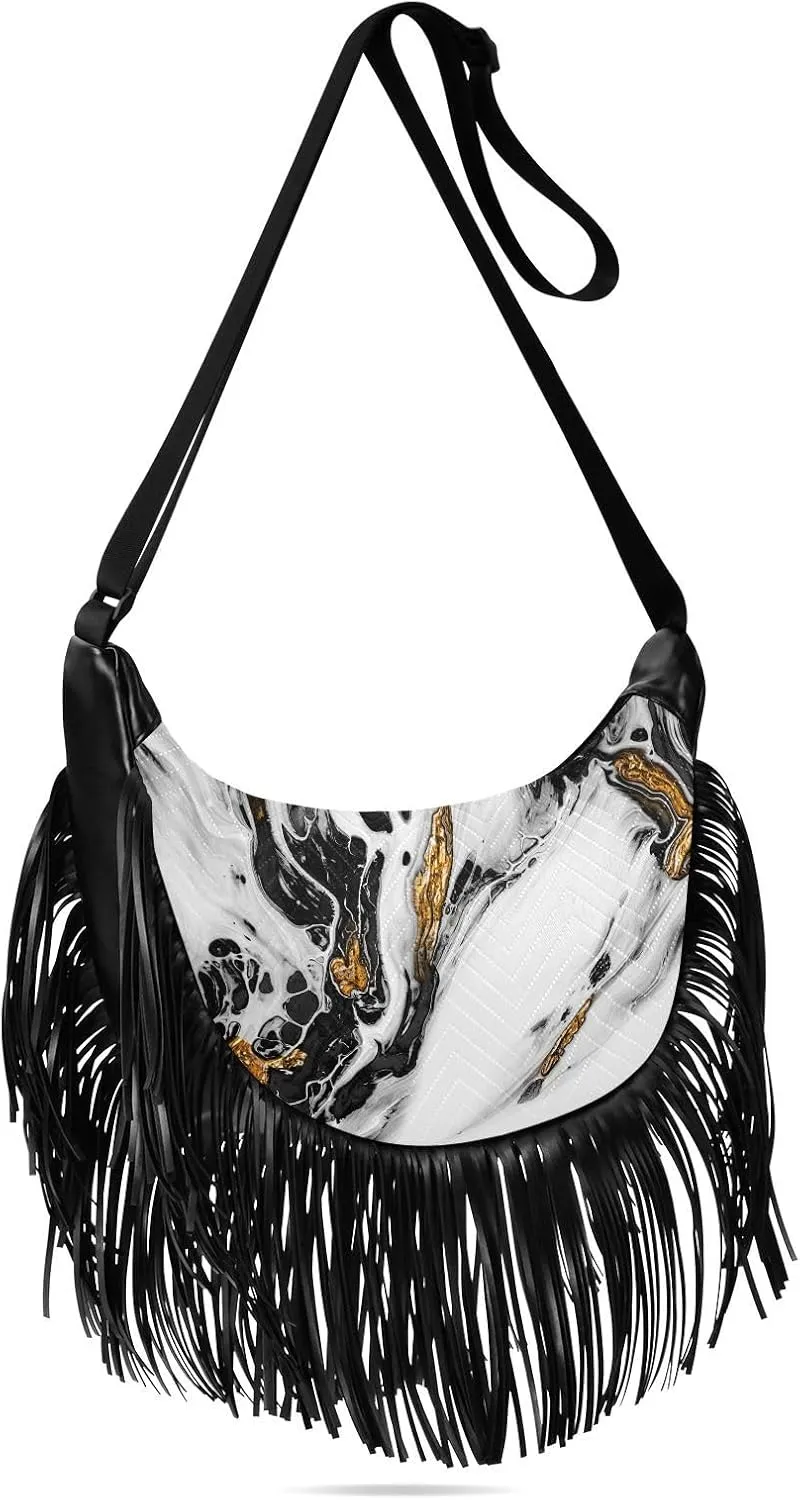 Modern Texture Black White Fringe Bag for Women Cross Body Bag Tassel Shoulder Bag Satchel