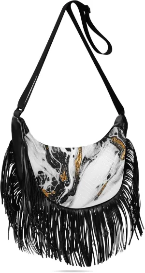 Modern Texture Black White Fringe Bag for Women Cross Body Bag Tassel Shoulder Bag Satchel
