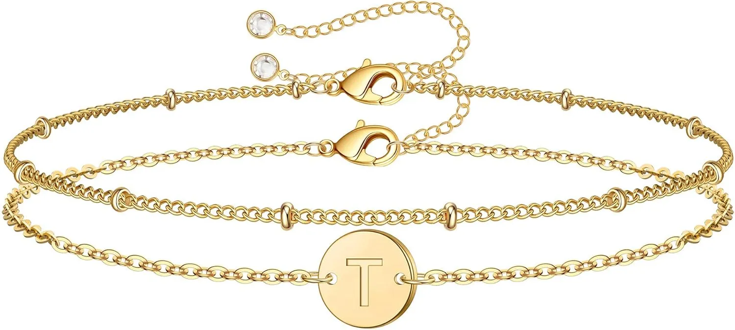 MONOZO Gold Initial Bracelets for Women Trendy - Dainty 14K Gold Filled Layered Beaded Letter Initial Bracelet Personalized 26 Alphabet Disc Monogram Charm Bracelet Gpld Jewelry Gifts for Her