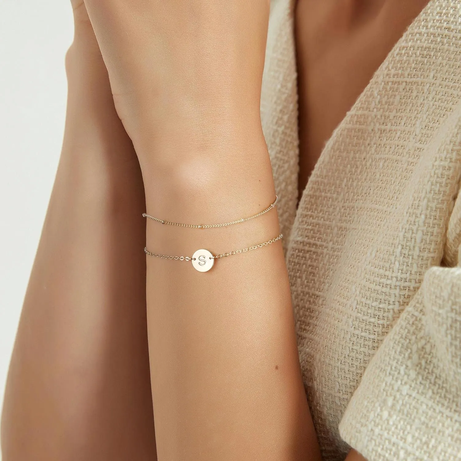 MONOZO Gold Initial Bracelets for Women Trendy - Dainty 14K Gold Filled Layered Beaded Letter Initial Bracelet Personalized 26 Alphabet Disc Monogram Charm Bracelet Gpld Jewelry Gifts for Her