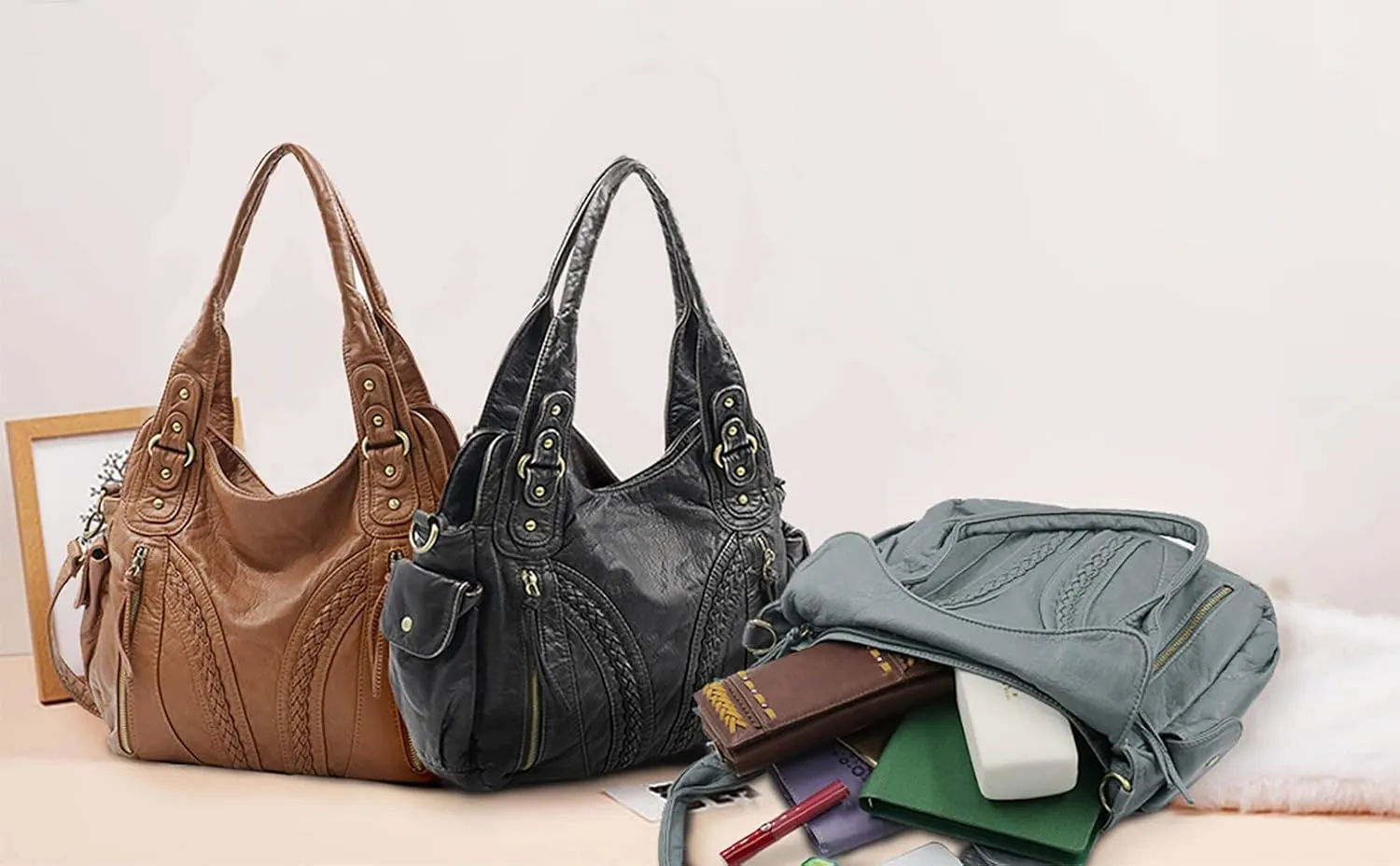 Montana West Washed Leather Hobo Bags for Women Roomy Handbags with Crossbody Strap