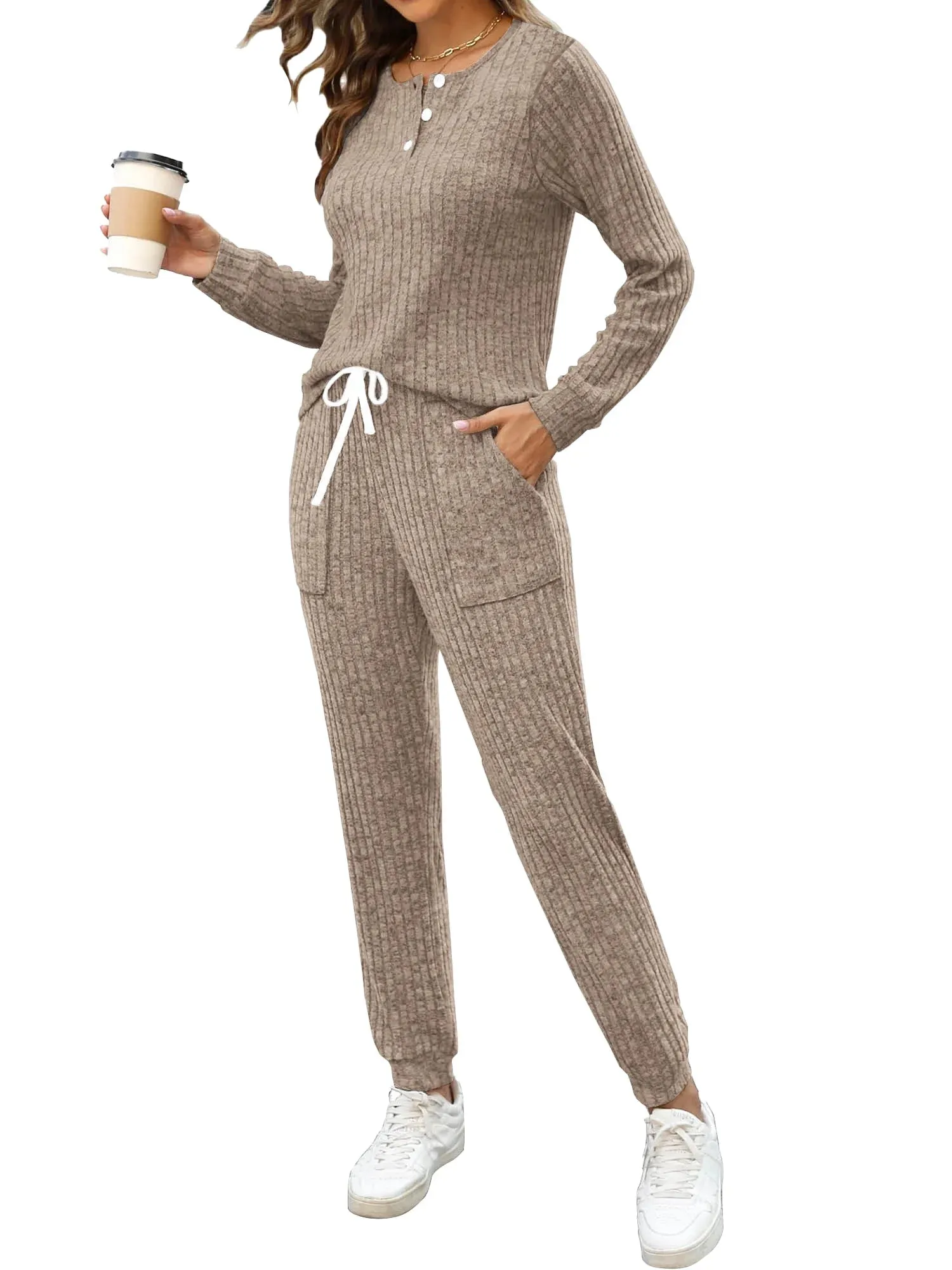 MOSHU Two Piece Womens Pajama Sets Button Down Shirts and Drawstring Pants with Pockets Solid Lounge Sets for Women