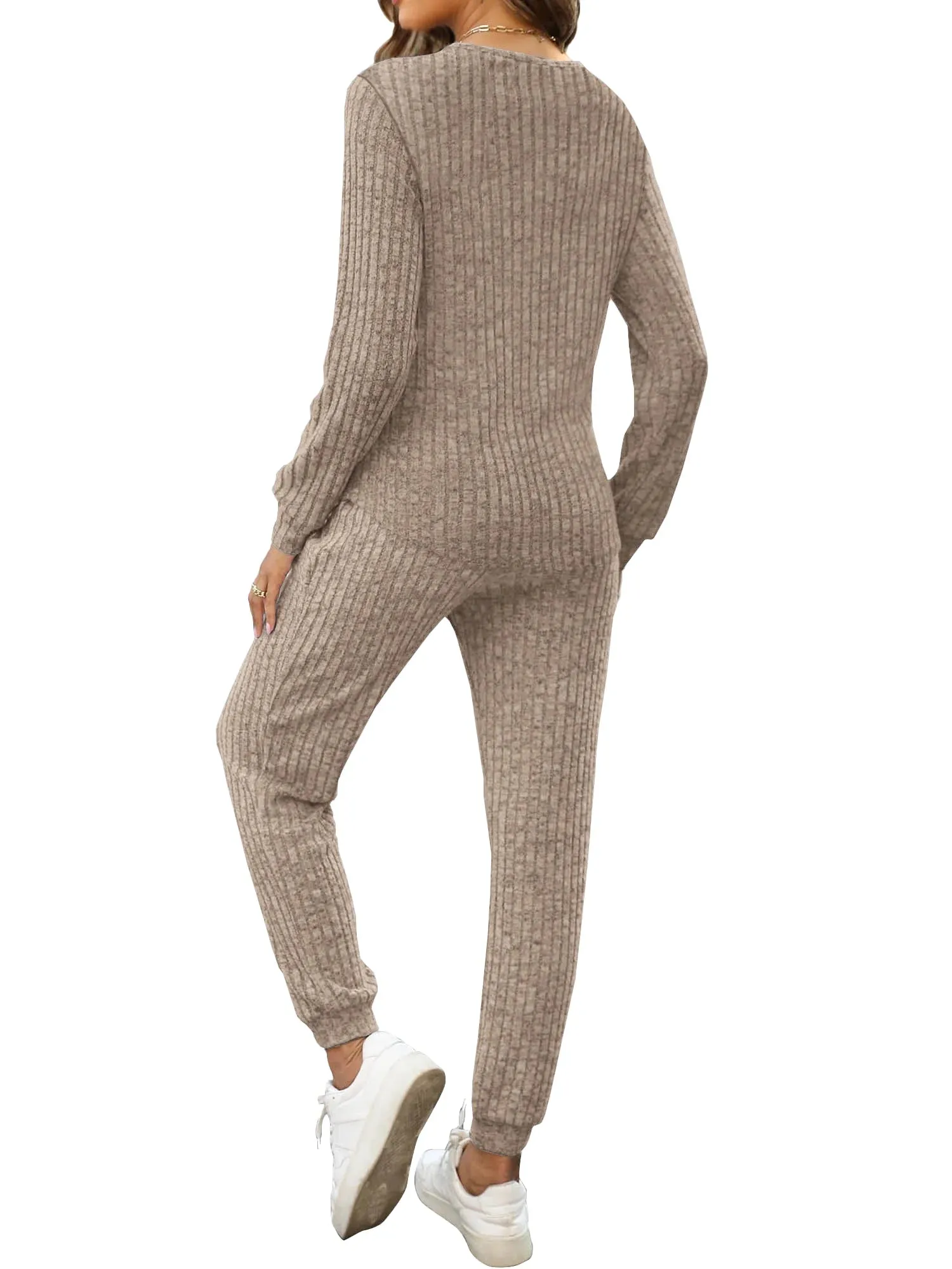 MOSHU Two Piece Womens Pajama Sets Button Down Shirts and Drawstring Pants with Pockets Solid Lounge Sets for Women
