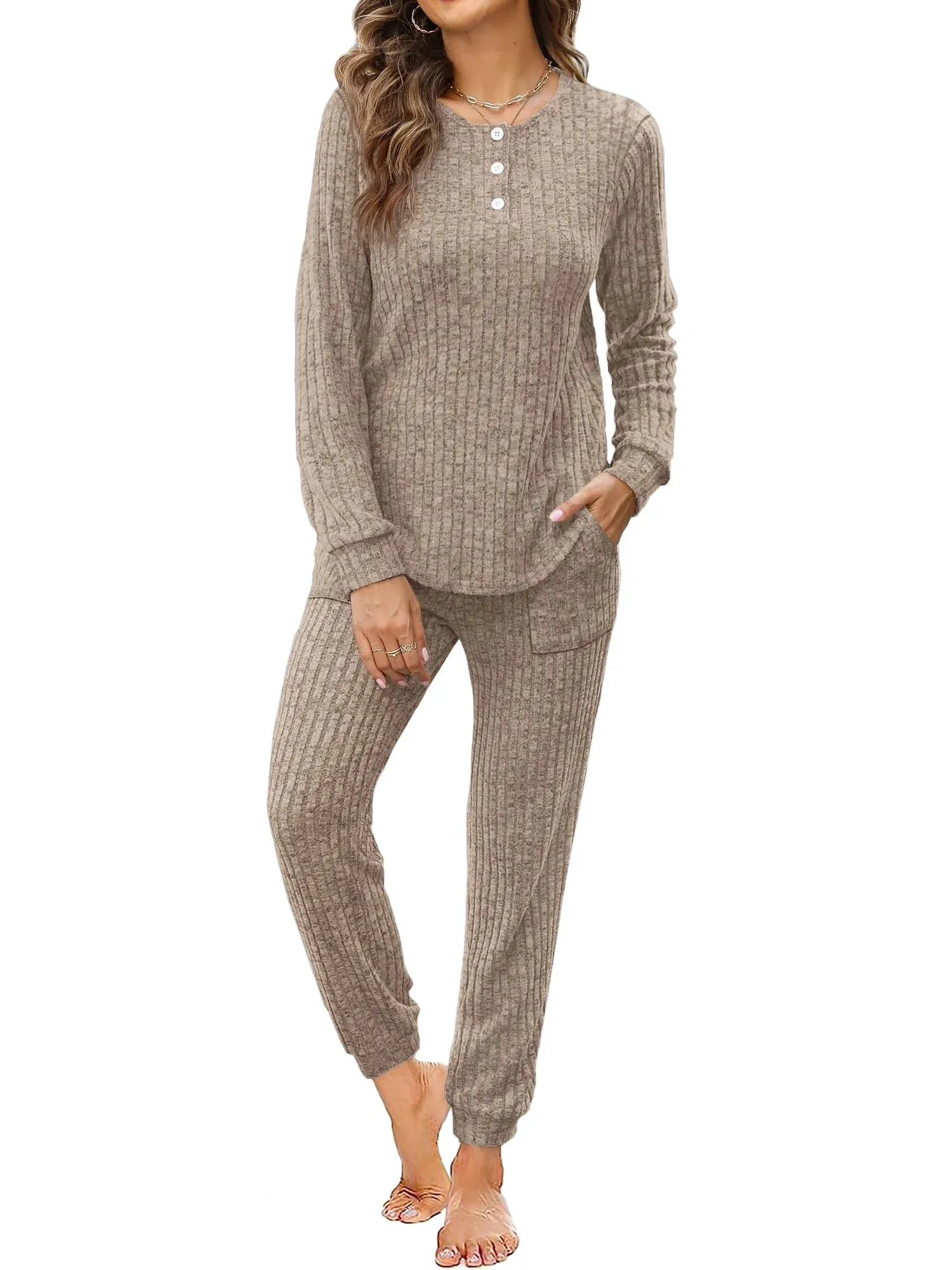 MOSHU Two Piece Womens Pajama Sets Button Down Shirts and Drawstring Pants with Pockets Solid Lounge Sets for Women