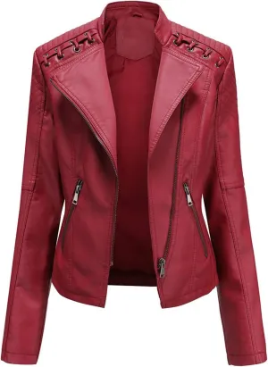Motorcycle Jacket for Women Faux Leather Slim Fit Biker Coats Asymmetrical Zipper Long Sleeve Moto Jackets