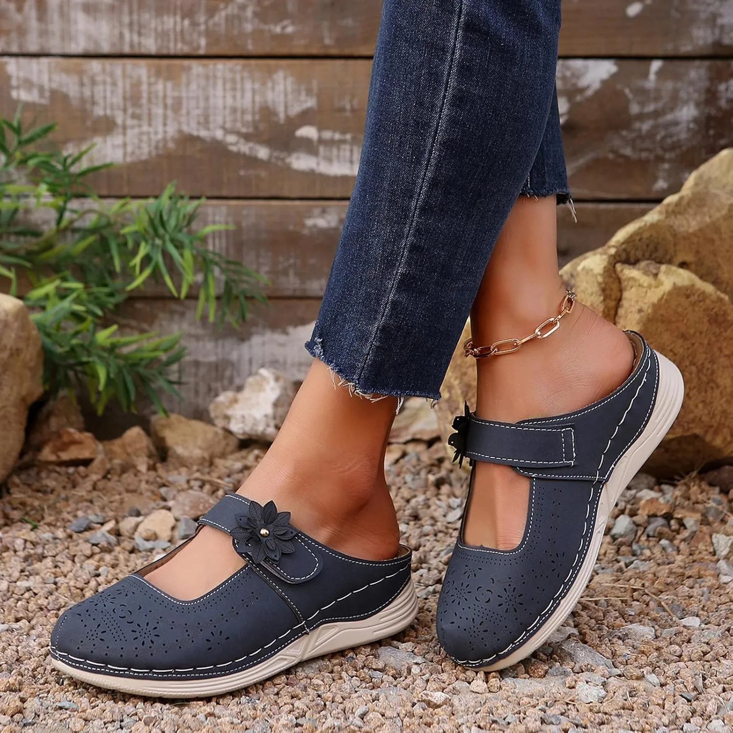 Mules for Women Dressy Summer Closed Toe Wedge Sandals Casual Slip On Adjustable Hook Loop Comfortable Slides Platform Walking Shoes
