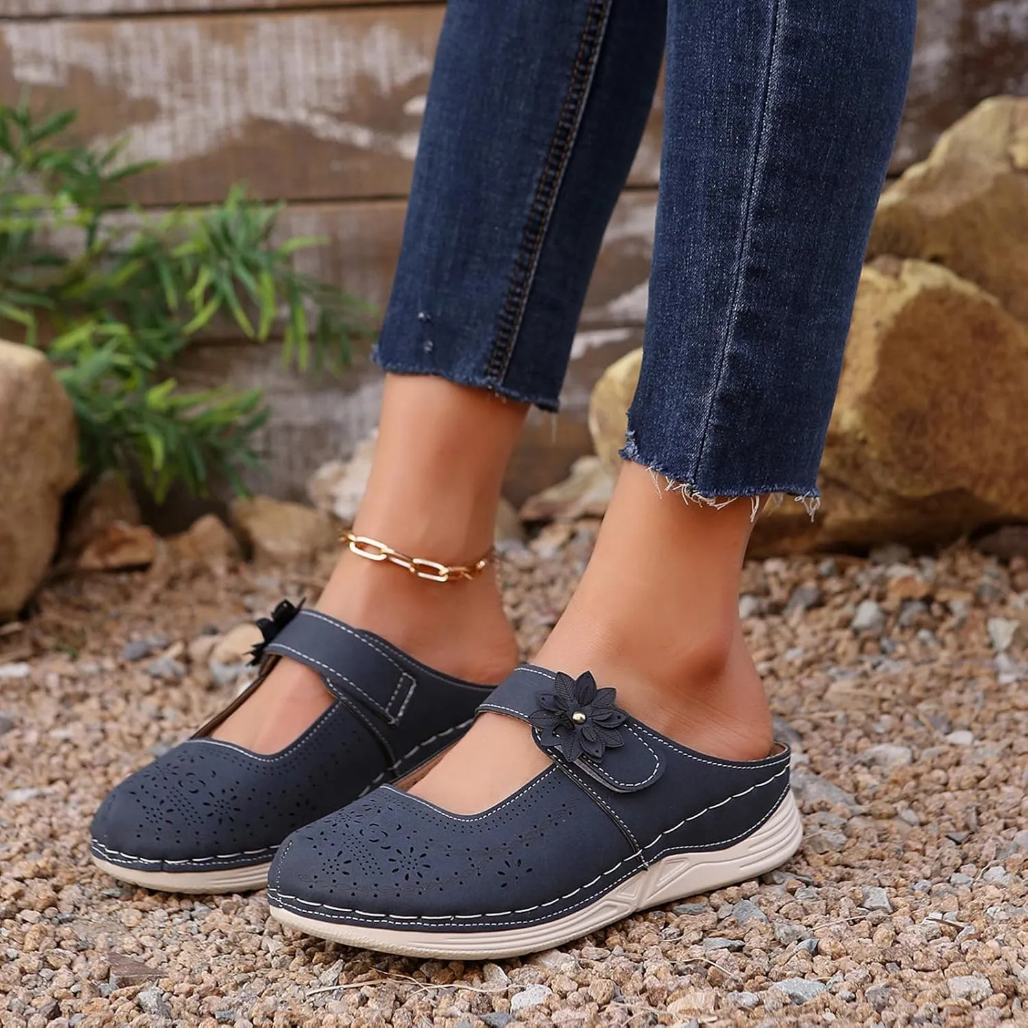 Mules for Women Dressy Summer Closed Toe Wedge Sandals Casual Slip On Adjustable Hook Loop Comfortable Slides Platform Walking Shoes