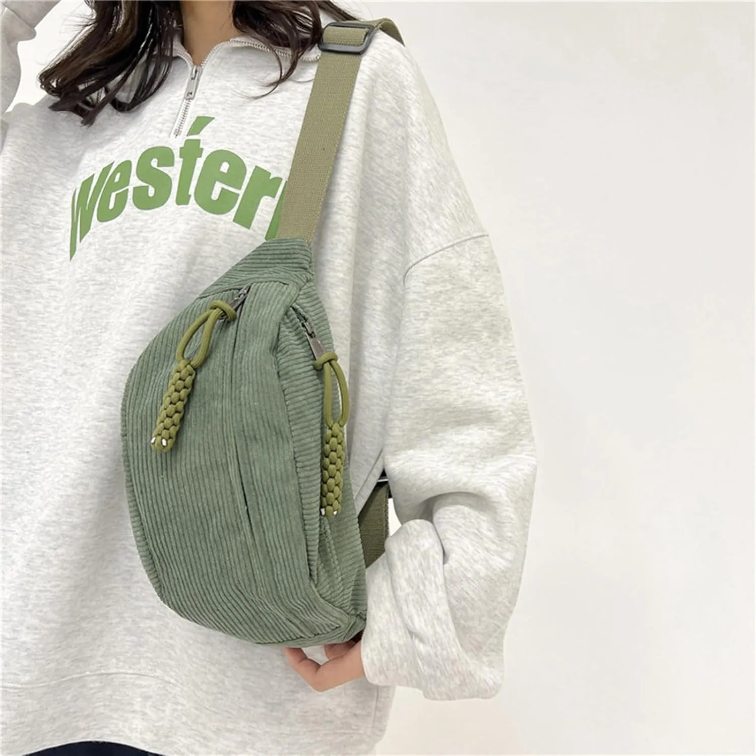 Muloo Fashionable Corduroy Waist Bag for Women Stylish and Convenient Fanny Pack Chest Bags for Casual Outings, app. 34x15x11cm /13.38x5.9x4.33in, Green