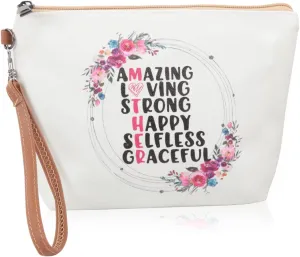 Multifunction Cute Print Travel Cosmetic Pouch Bag - Bridesmaid Gift Makeup Organizer Toiletry Wristlet Purse Inspirational Quote/Skull/Pineapple (Amazing, Loving, Strong)