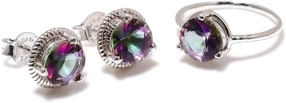 Mystic Topaz Jewelry Set, Sterling Silver or Gold-Plated Ring and Stud Earrings, Round Cut