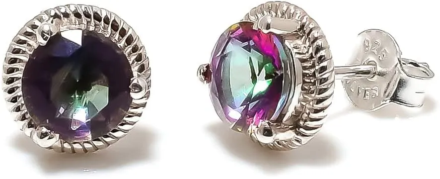 Mystic Topaz Jewelry Set, Sterling Silver or Gold-Plated Ring and Stud Earrings, Round Cut