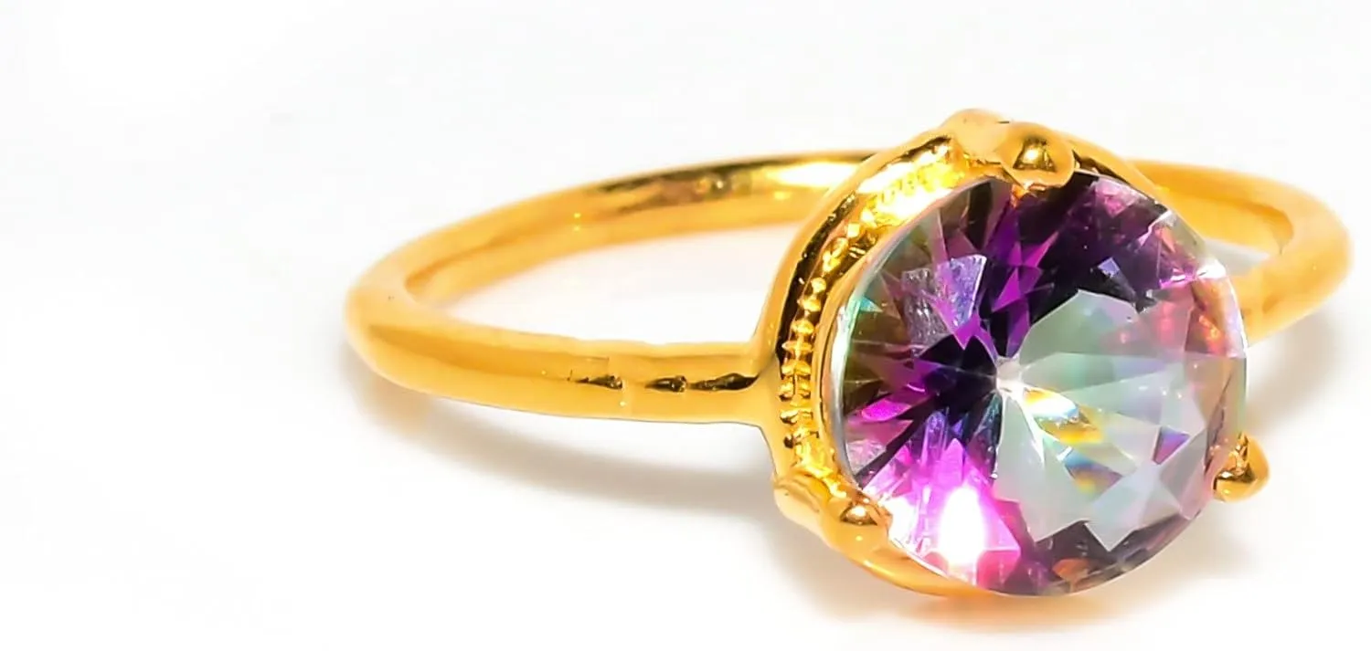 Mystic Topaz Jewelry Set, Sterling Silver or Gold-Plated Ring and Stud Earrings, Round Cut
