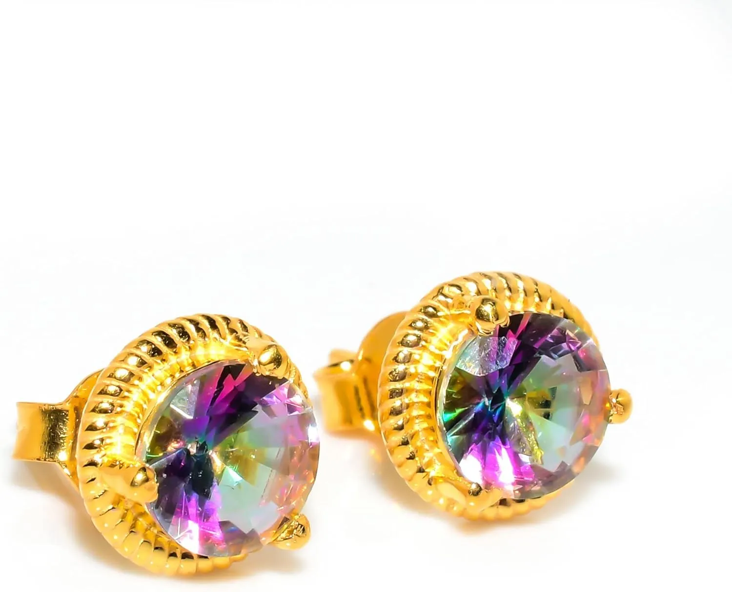 Mystic Topaz Jewelry Set, Sterling Silver or Gold-Plated Ring and Stud Earrings, Round Cut