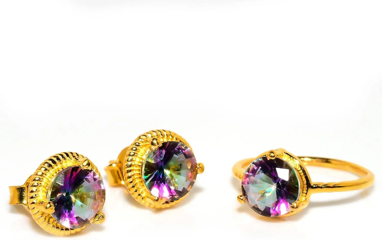 Mystic Topaz Jewelry Set, Sterling Silver or Gold-Plated Ring and Stud Earrings, Round Cut