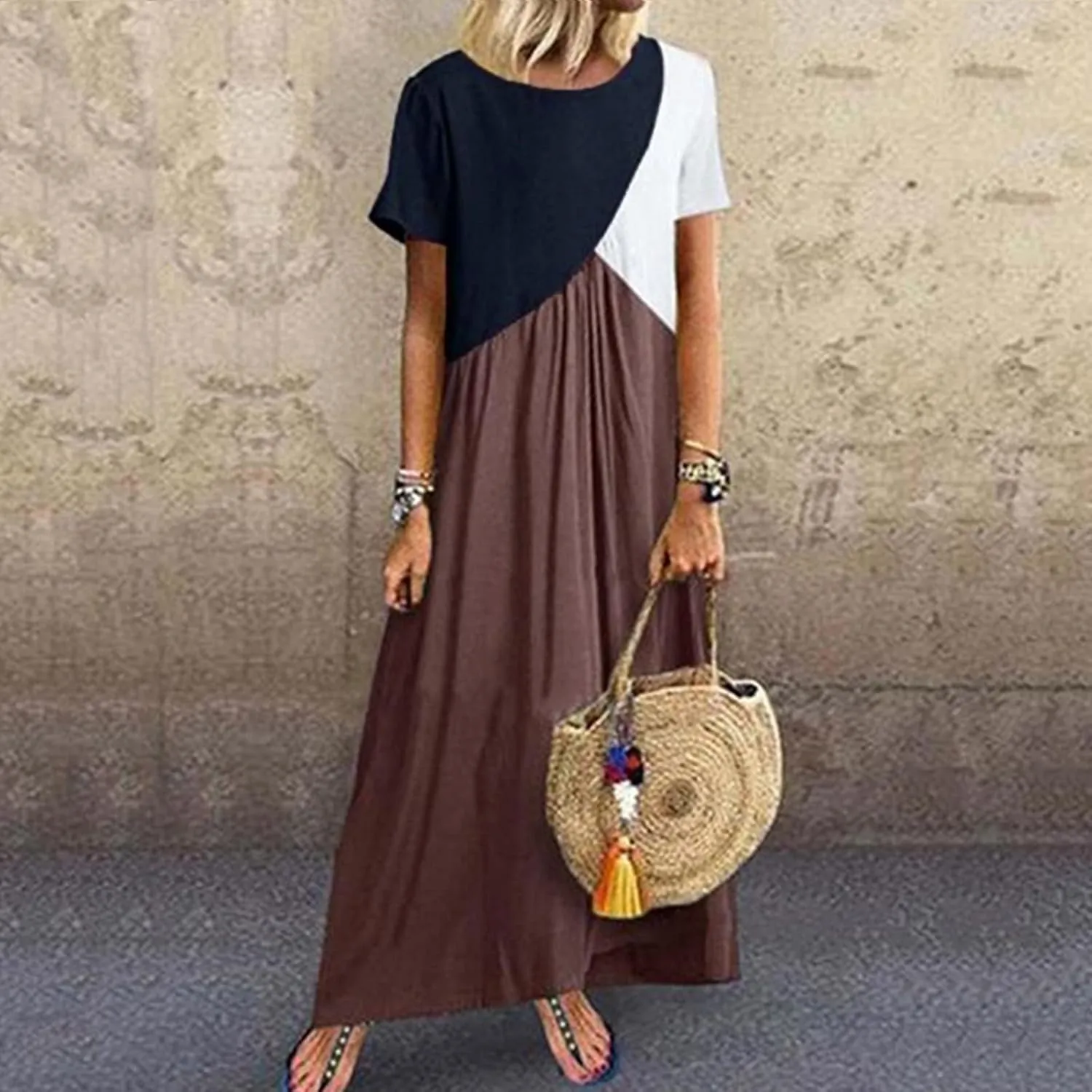 NaRHbrg Women's Color Block Maxi Dress Short Sleeve Loose Fit Casual Summer Long Dresses Sundress for Beach Vacation
