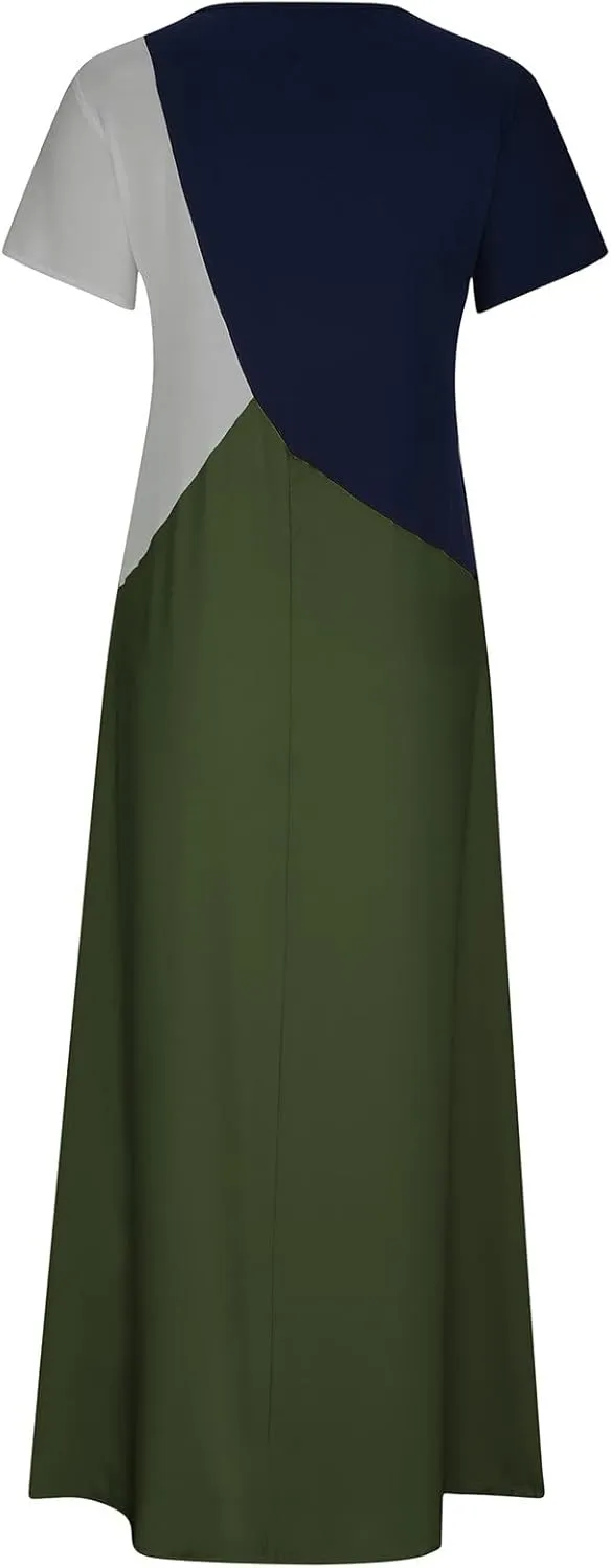 NaRHbrg Women's Color Block Maxi Dress Short Sleeve Loose Fit Casual Summer Long Dresses Sundress for Beach Vacation