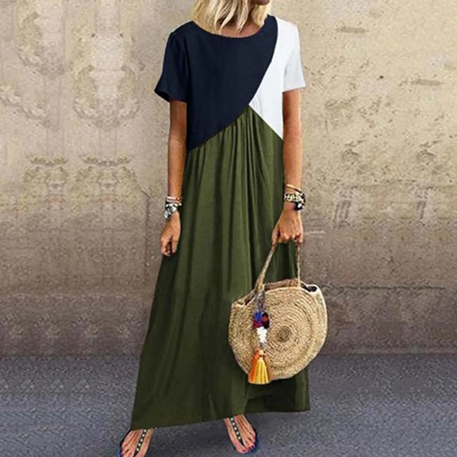 NaRHbrg Women's Color Block Maxi Dress Short Sleeve Loose Fit Casual Summer Long Dresses Sundress for Beach Vacation