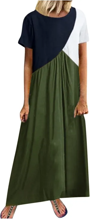NaRHbrg Women's Color Block Maxi Dress Short Sleeve Loose Fit Casual Summer Long Dresses Sundress for Beach Vacation