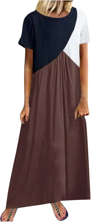 NaRHbrg Women's Color Block Maxi Dress Short Sleeve Loose Fit Casual Summer Long Dresses Sundress for Beach Vacation