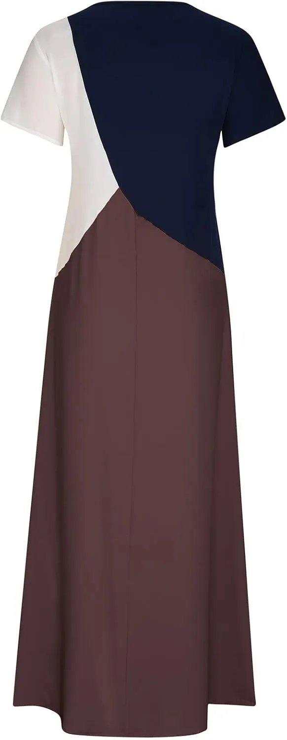 NaRHbrg Women's Color Block Maxi Dress Short Sleeve Loose Fit Casual Summer Long Dresses Sundress for Beach Vacation