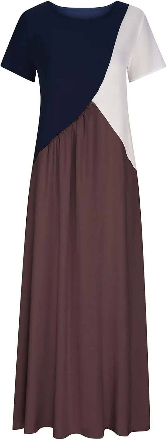 NaRHbrg Women's Color Block Maxi Dress Short Sleeve Loose Fit Casual Summer Long Dresses Sundress for Beach Vacation