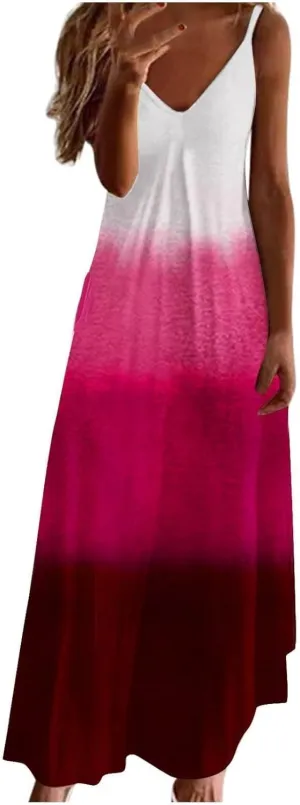 NaRHbrg Women's Ombre Maxi Dress Sleeveless V Neck Casual Loose Fit Flowy Long Sundress Summer Beach Dresses