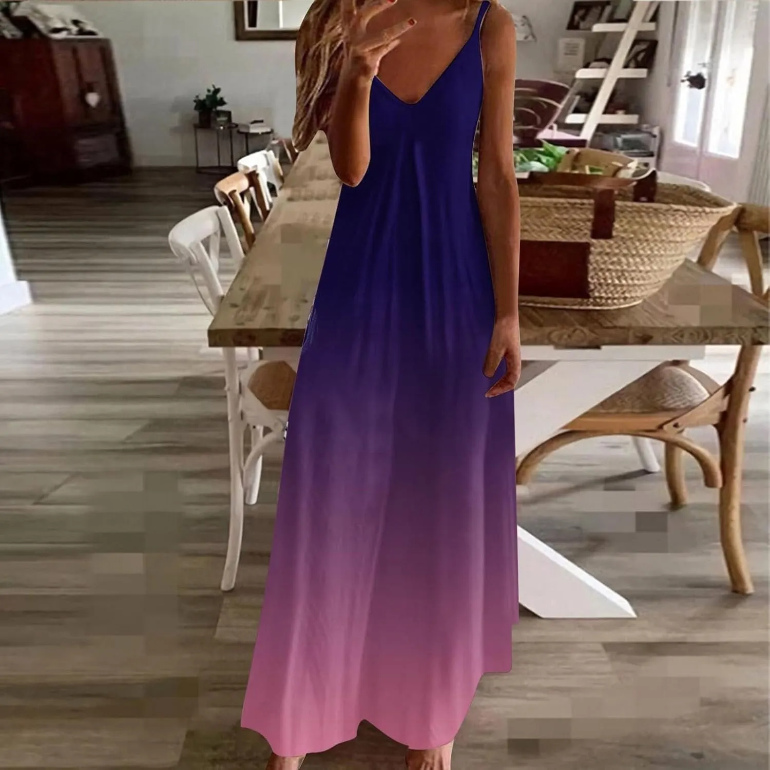 NaRHbrg Women's Ombre Maxi Dress Sleeveless V Neck Casual Loose Fit Flowy Long Sundress Summer Beach Dresses