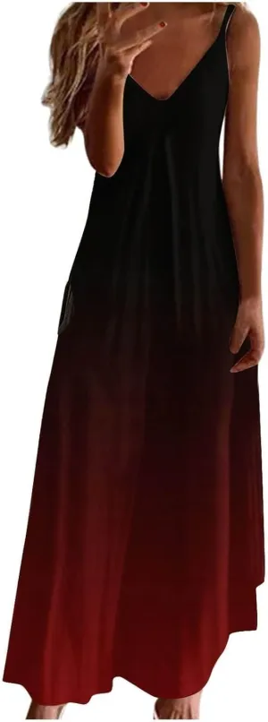 NaRHbrg Women's Ombre Maxi Dress Sleeveless V Neck Casual Loose Fit Flowy Long Sundress Summer Beach Dresses