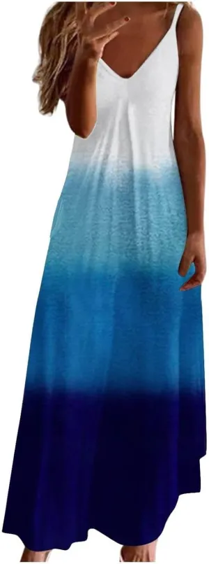 NaRHbrg Women's Ombre Maxi Dress Sleeveless V Neck Casual Loose Fit Flowy Long Sundress Summer Beach Dresses