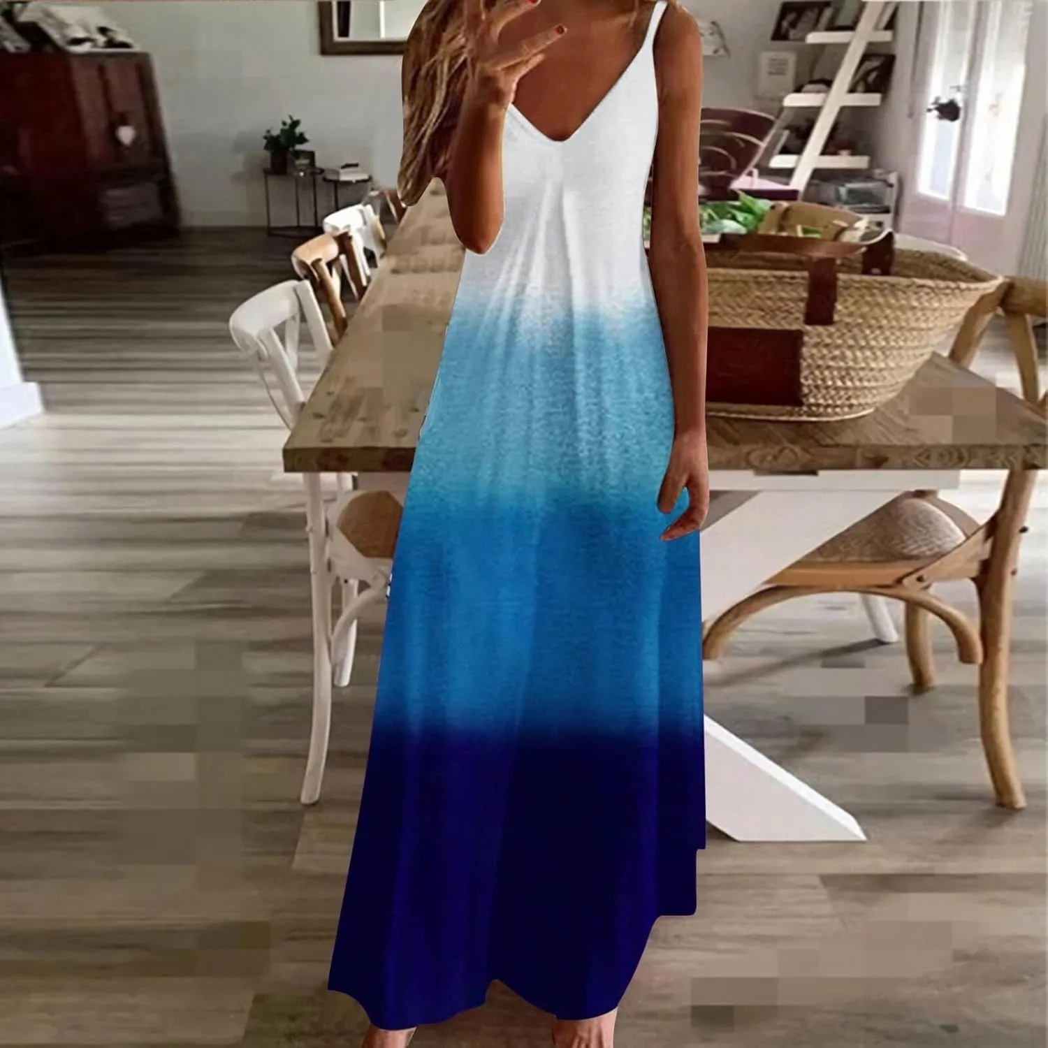 NaRHbrg Women's Ombre Maxi Dress Sleeveless V Neck Casual Loose Fit Flowy Long Sundress Summer Beach Dresses