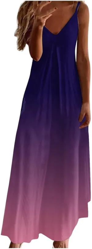 NaRHbrg Women's Ombre Maxi Dress Sleeveless V Neck Casual Loose Fit Flowy Long Sundress Summer Beach Dresses