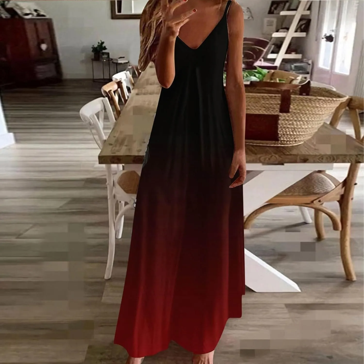 NaRHbrg Women's Ombre Maxi Dress Sleeveless V Neck Casual Loose Fit Flowy Long Sundress Summer Beach Dresses