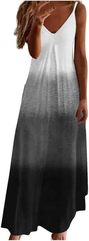 NaRHbrg Women's Ombre Maxi Dress Sleeveless V Neck Casual Loose Fit Flowy Long Sundress Summer Beach Dresses
