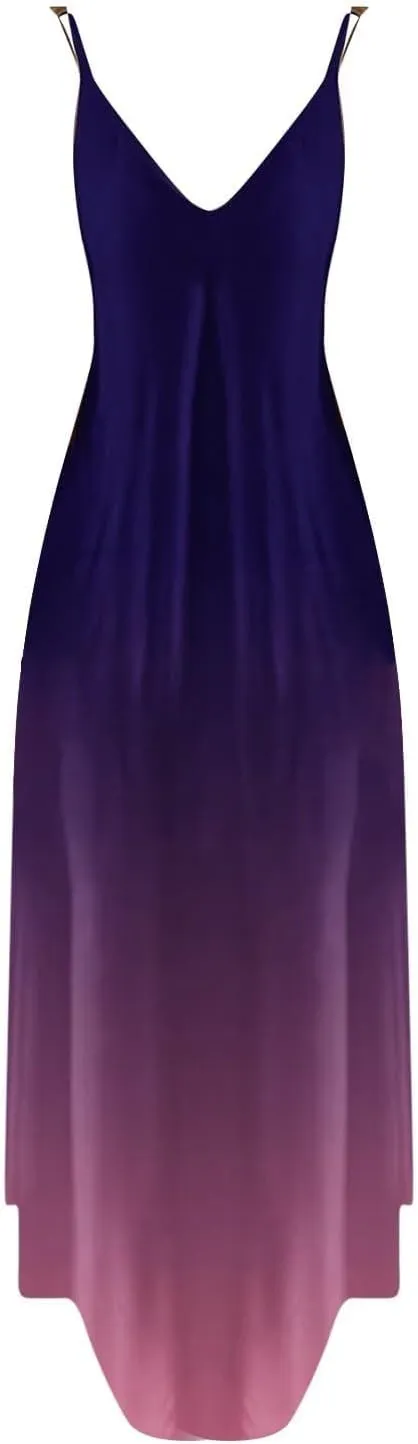 NaRHbrg Women's Ombre Maxi Dress Sleeveless V Neck Casual Loose Fit Flowy Long Sundress Summer Beach Dresses