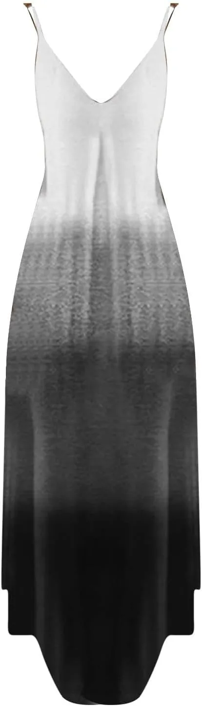 NaRHbrg Women's Ombre Maxi Dress Sleeveless V Neck Casual Loose Fit Flowy Long Sundress Summer Beach Dresses