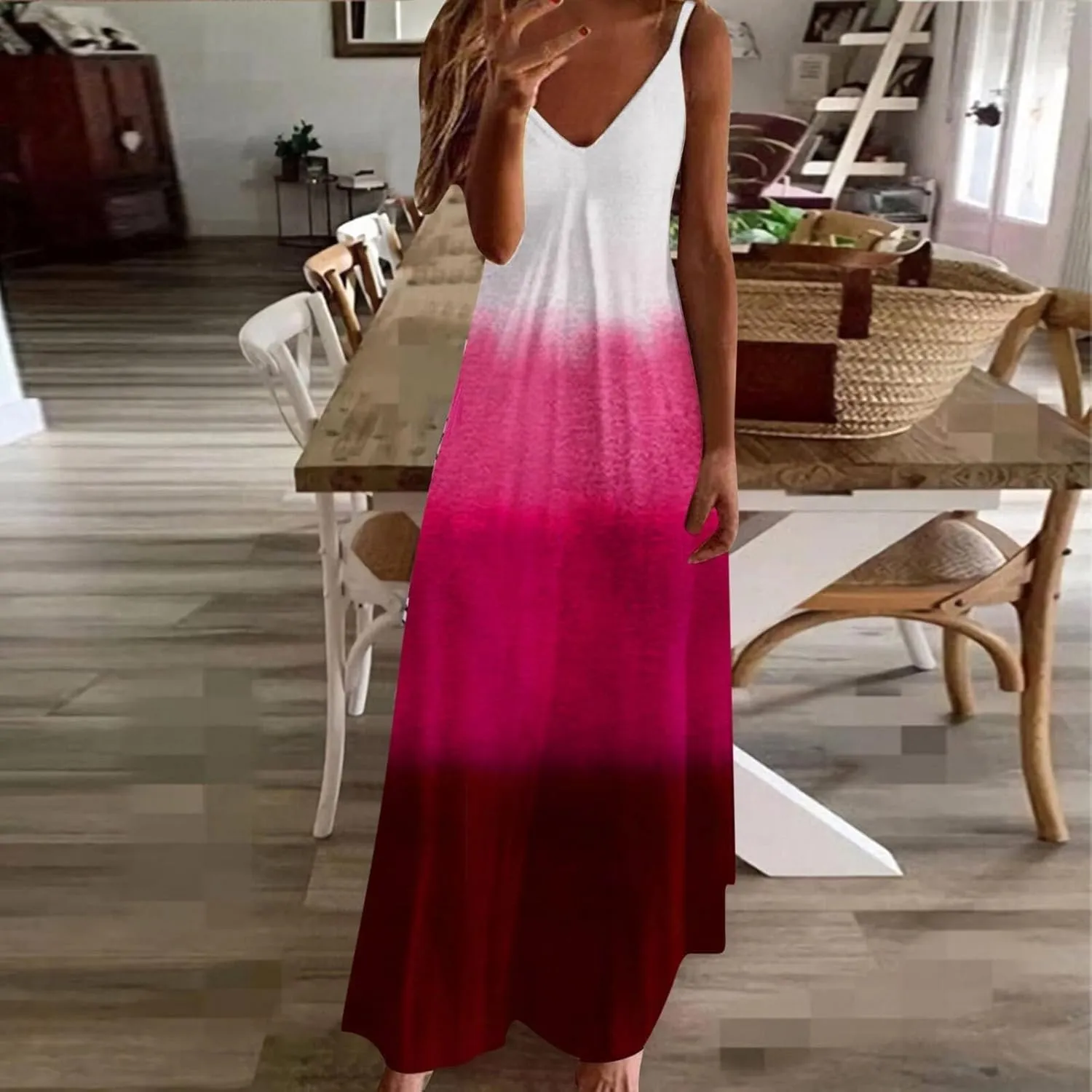 NaRHbrg Women's Ombre Maxi Dress Sleeveless V Neck Casual Loose Fit Flowy Long Sundress Summer Beach Dresses