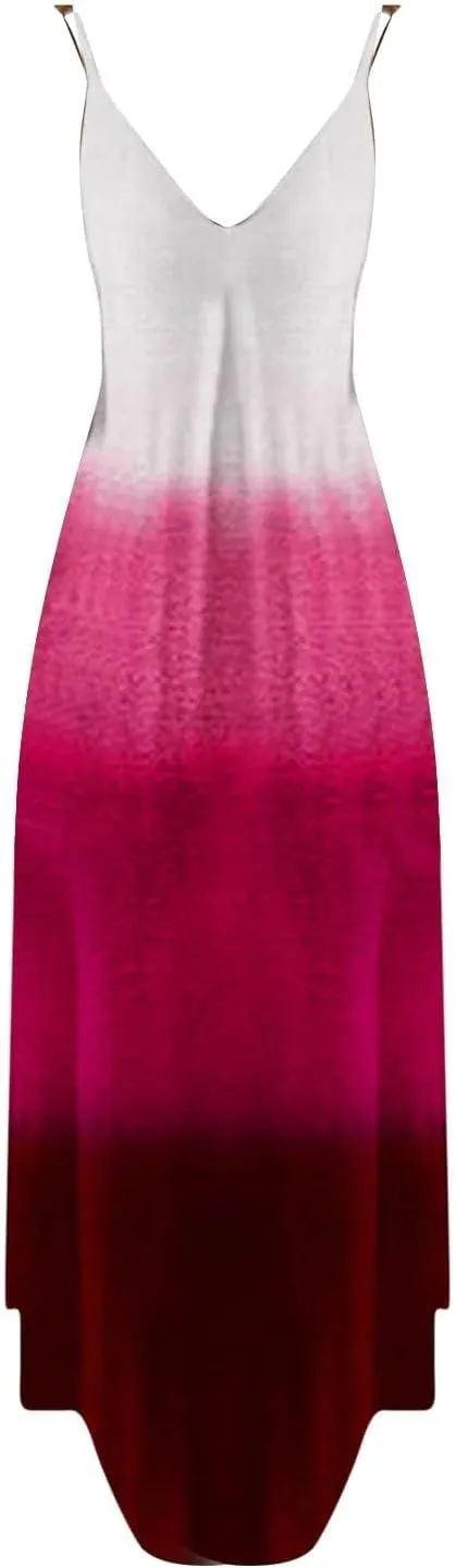 NaRHbrg Women's Ombre Maxi Dress Sleeveless V Neck Casual Loose Fit Flowy Long Sundress Summer Beach Dresses