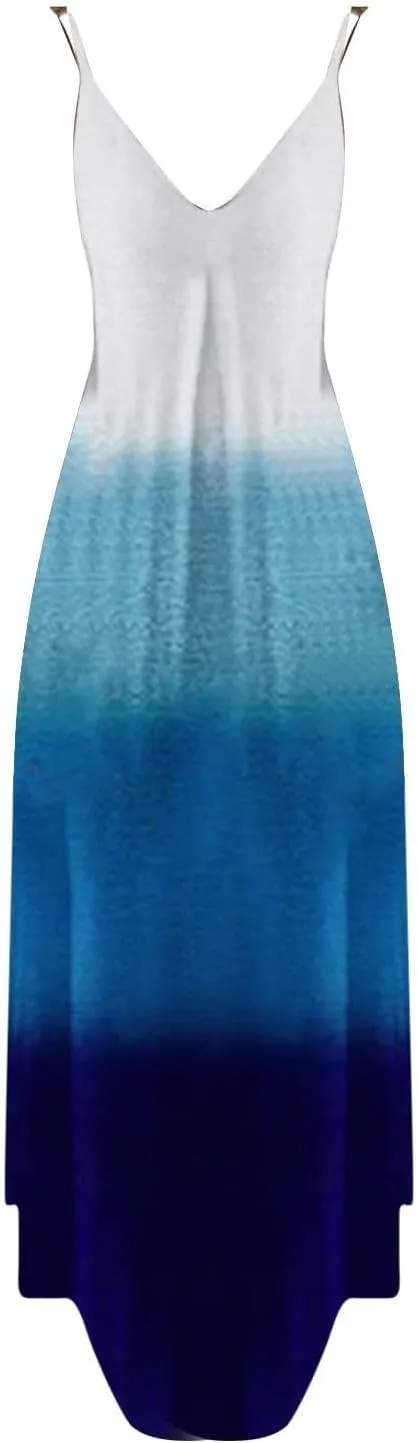 NaRHbrg Women's Ombre Maxi Dress Sleeveless V Neck Casual Loose Fit Flowy Long Sundress Summer Beach Dresses