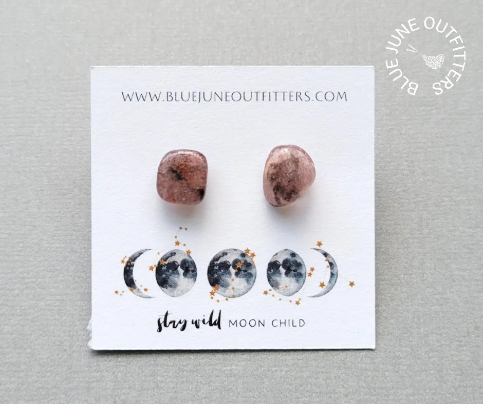 Natural Strawberry Quartz Gemstone Stud Earrings