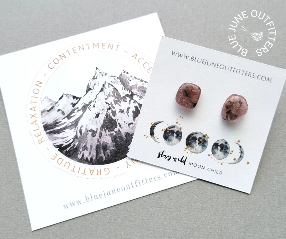 Natural Strawberry Quartz Gemstone Stud Earrings