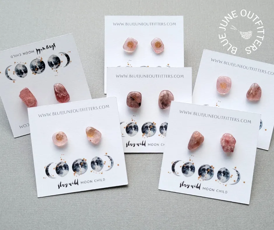 Natural Strawberry Quartz Gemstone Stud Earrings