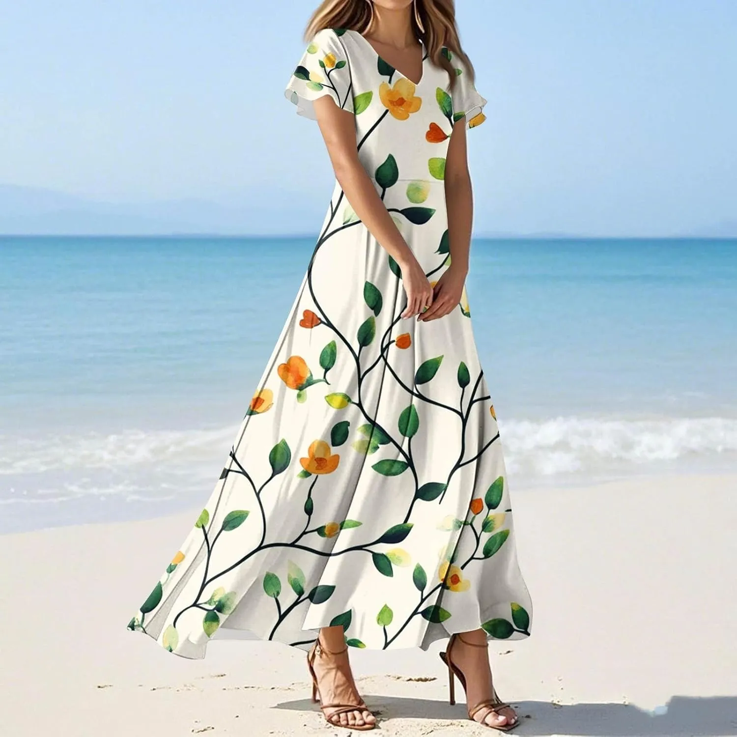NBXNZWF Summer Dresses for Women 2025 Ruffle Short Sleeve V Neck Maxi Dress Flowy Beach Vacation Casual Dresses