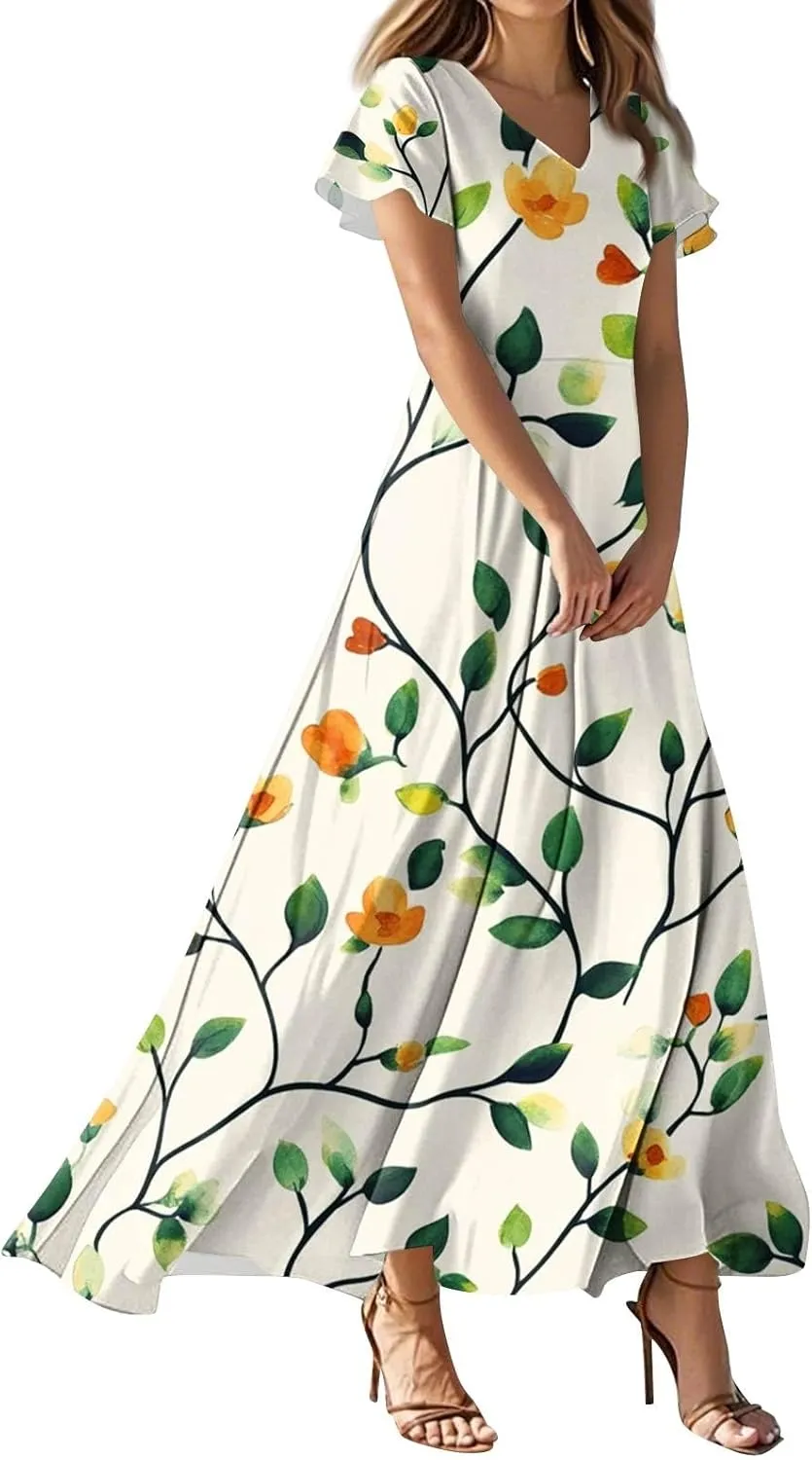 NBXNZWF Summer Dresses for Women 2025 Ruffle Short Sleeve V Neck Maxi Dress Flowy Beach Vacation Casual Dresses