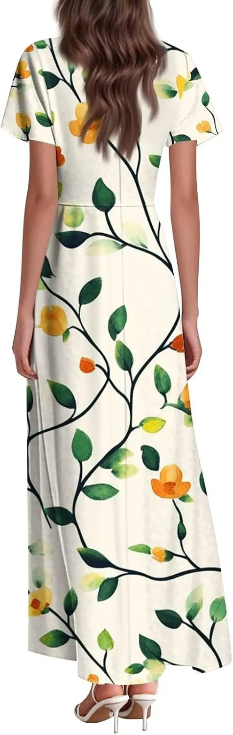 NBXNZWF Summer Dresses for Women 2025 Ruffle Short Sleeve V Neck Maxi Dress Flowy Beach Vacation Casual Dresses
