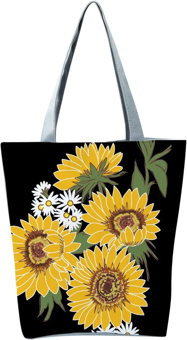 New Women's Slouchy Large Capacity Zippered Sunflower Printed Shoulder Bag Nylon Shoulder Bag (I, One Size)